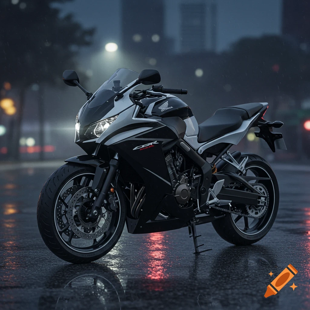A black and silver Honda CBR motorcycle parked on a wet city street at night, with streetlights reflecting on the ground.