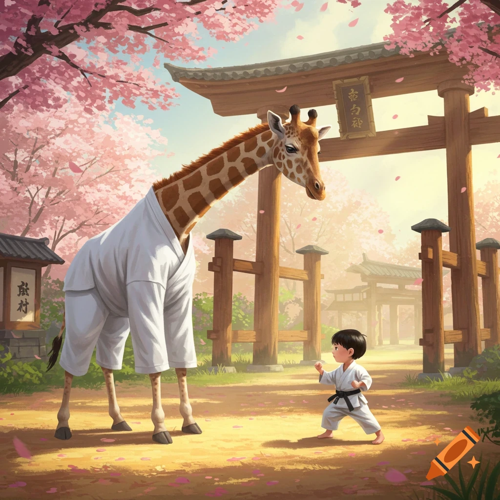 A child in a karate gi faces a giraffe in a karate gi under cherry blossoms near a Japanese torii gate.