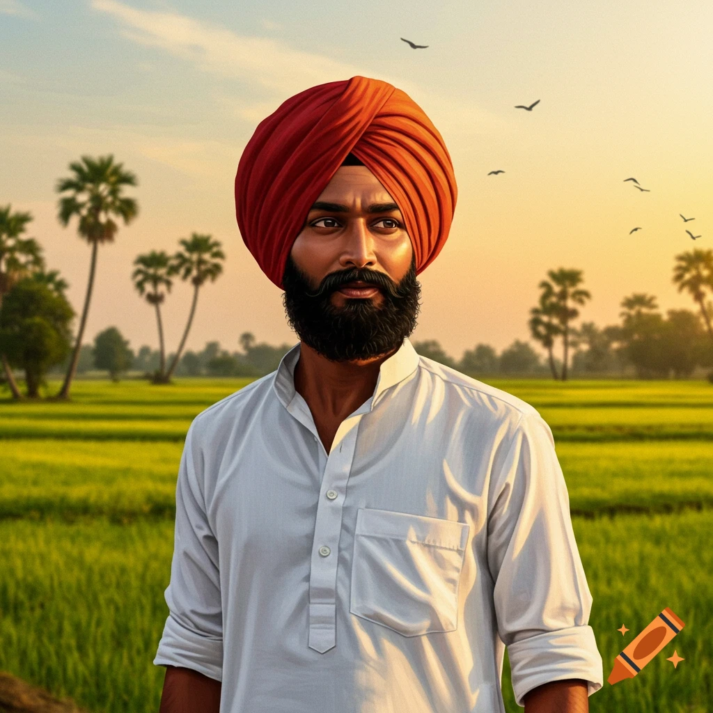 Photorealistic portrait of an Indian man in a red turban and white kurta, standing in a green field with palm trees at sunset.