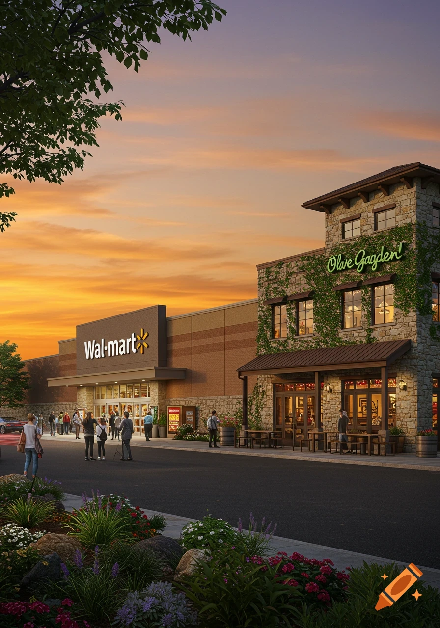 A photorealistic image of a Walmart store and an Olive Garden restaurant at sunset, with people walking outside.