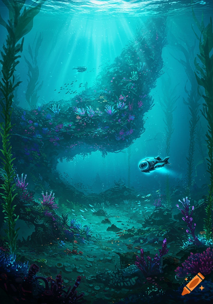 An illustrative underwater scene with sun rays, kelp, colorful corals, and a glowing small submarine exploring the depths.
