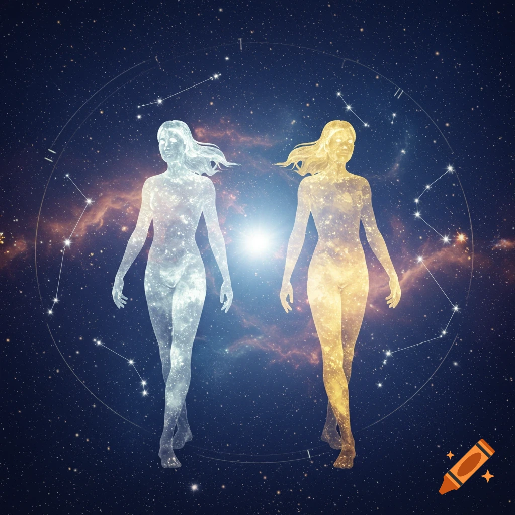 Two ethereal, glowing, human-like figures made of stars, one silver and one gold, against a deep space background with nebulae and constellations.