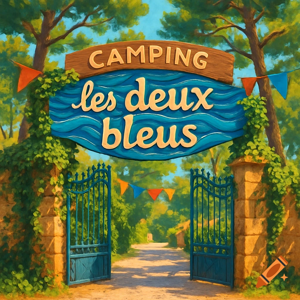 A colorful, painterly illustration of a camping entrance sign reading 'CAMPING les deux bleus' above an open blue gate on a sunny day.
