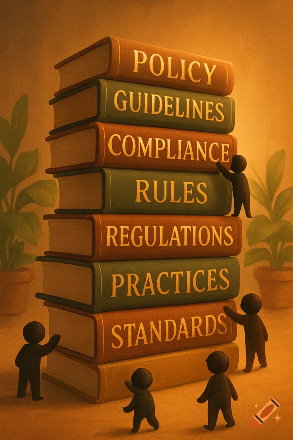 A stylized illustration of a tall stack of books with titles like Policy, Guidelines, and Compliance, surrounded by small human figures.