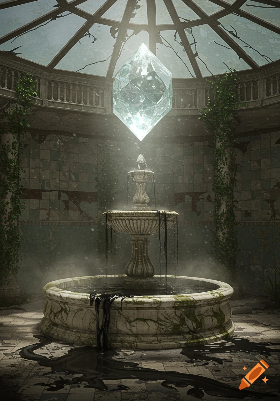 A luminous crystal floats above a stone fountain filled with black sludge in a ruined Victorian pool house. Vines grow on cracked walls.
