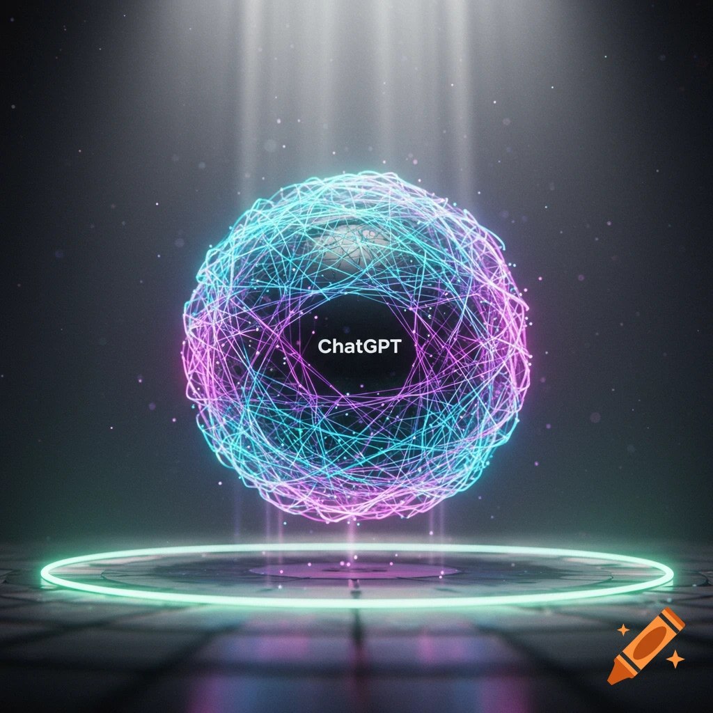 A futuristic glowing sphere made of interconnected blue and pink lines, with "ChatGPT" in the center, above a glowing platform.