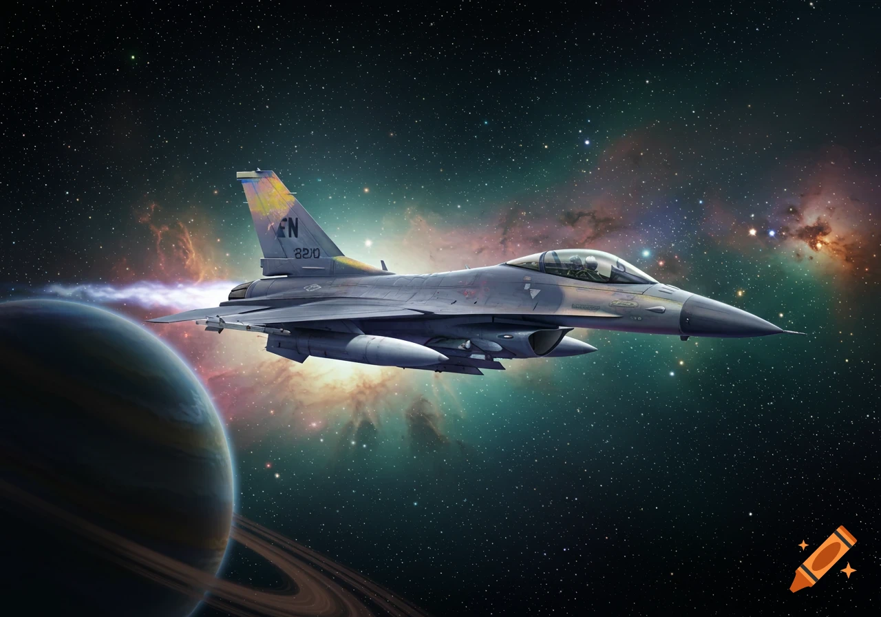 A photorealistic F-16 fighter jet flies through deep space with a ringed planet and colorful nebula in the background.