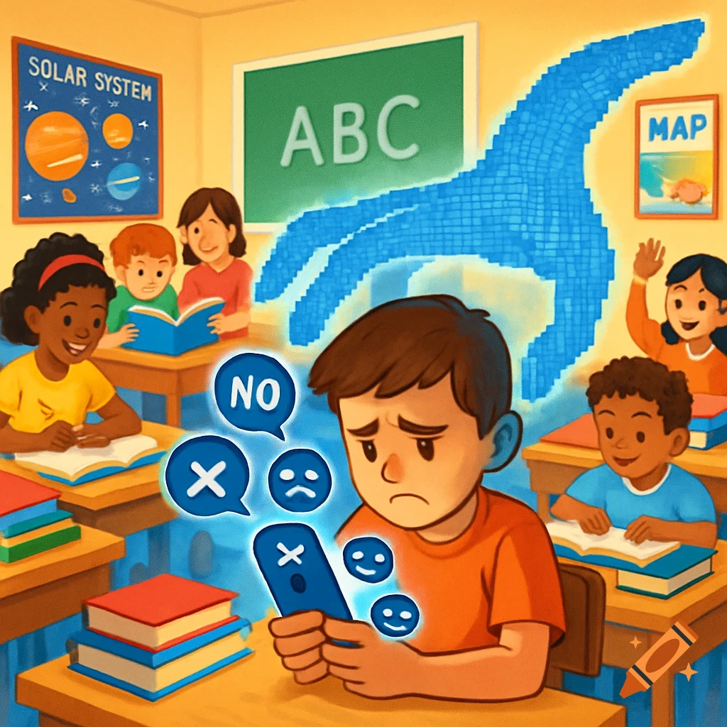 Sad boy looks at phone with negative messages in a colorful classroom, overshadowed by a pixelated hand symbolizing internet influence.