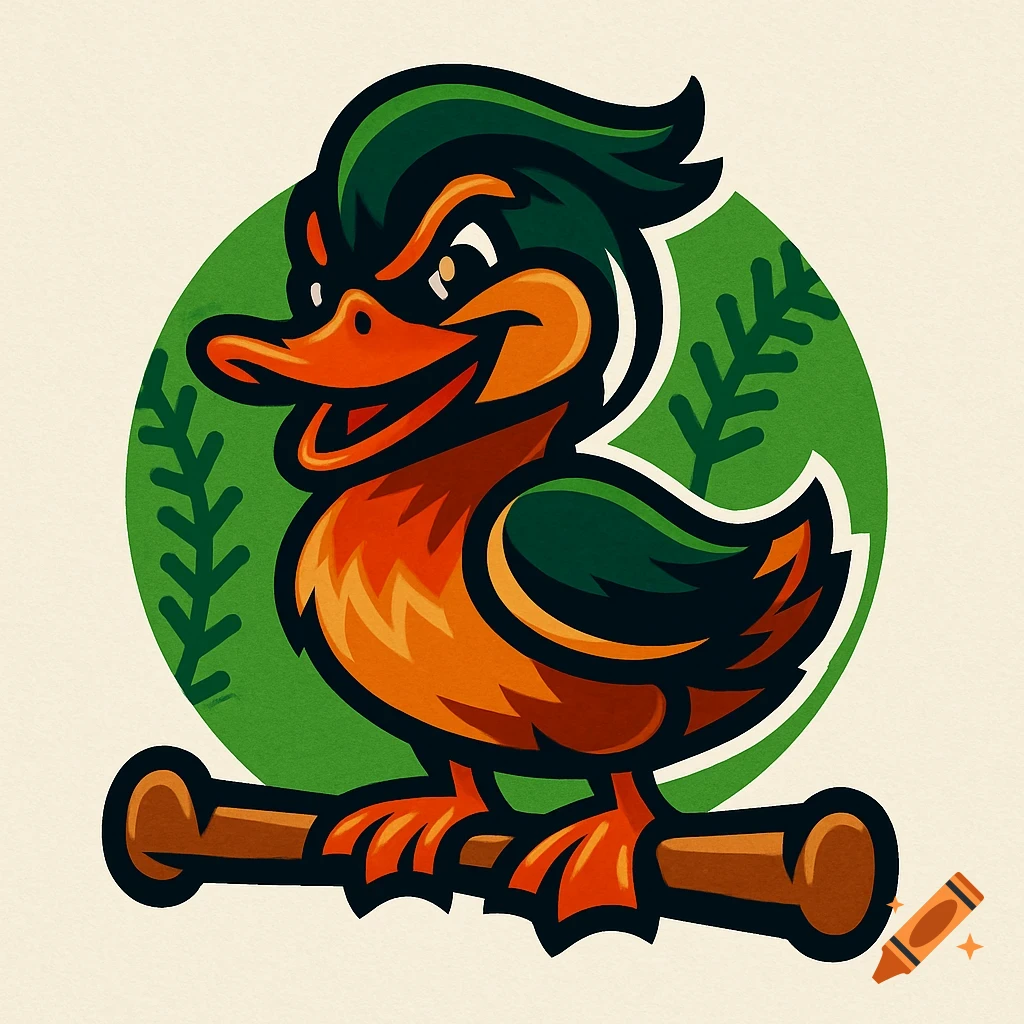Cartoon wood duck mascot with a mischievous expression, green head, orange body, holding a brown log, against a green circle with plant details.