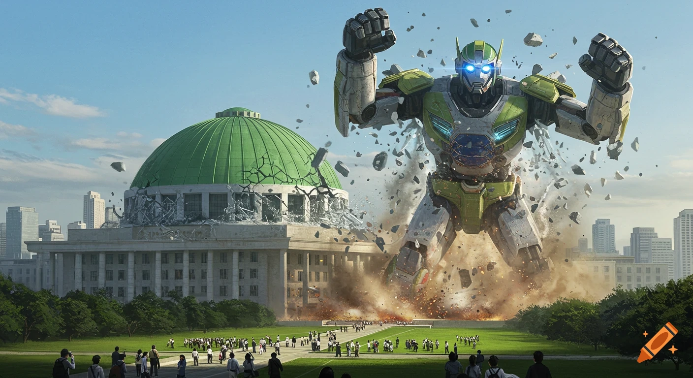 A giant green and gray robot bursts through the green dome of the South Korean National Assembly building, sending debris flying. People watch below in shock.