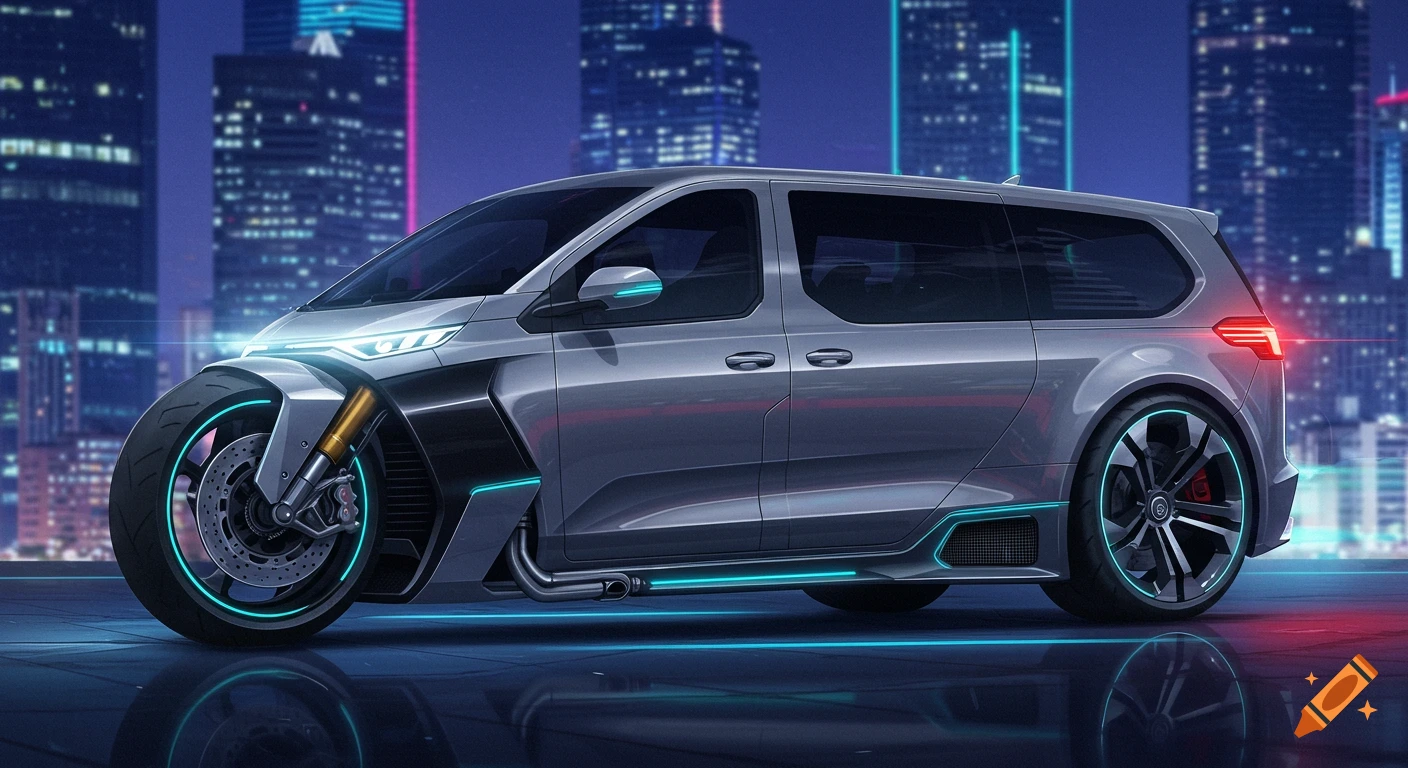 A sleek, futuristic silver van with a motorcycle front and rear, featuring neon blue accents, parked on a reflective surface in a neon-lit city.