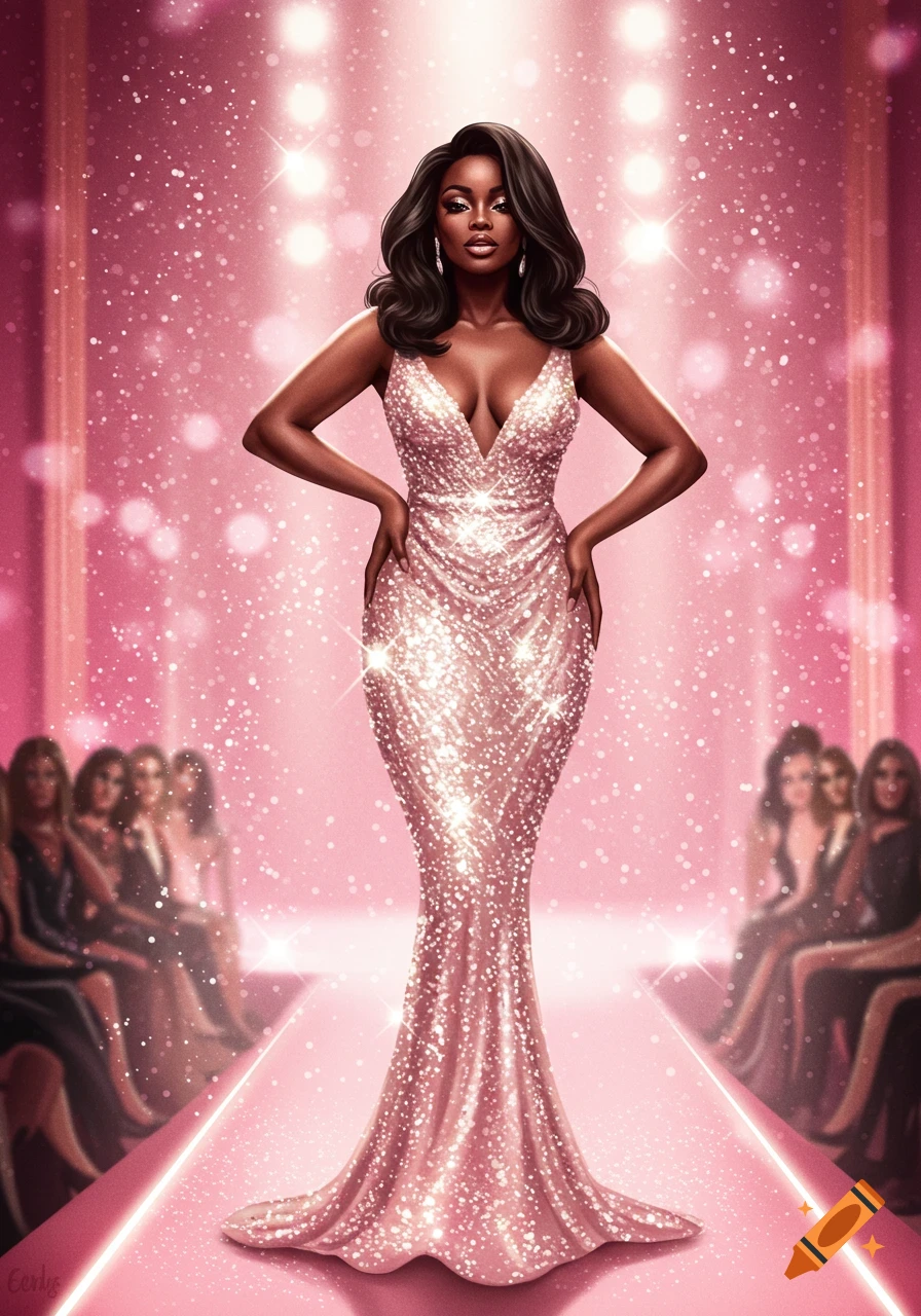 A glamorous Black woman in a sparkling pink gown poses confidently on a glittery pink runway, digital art.