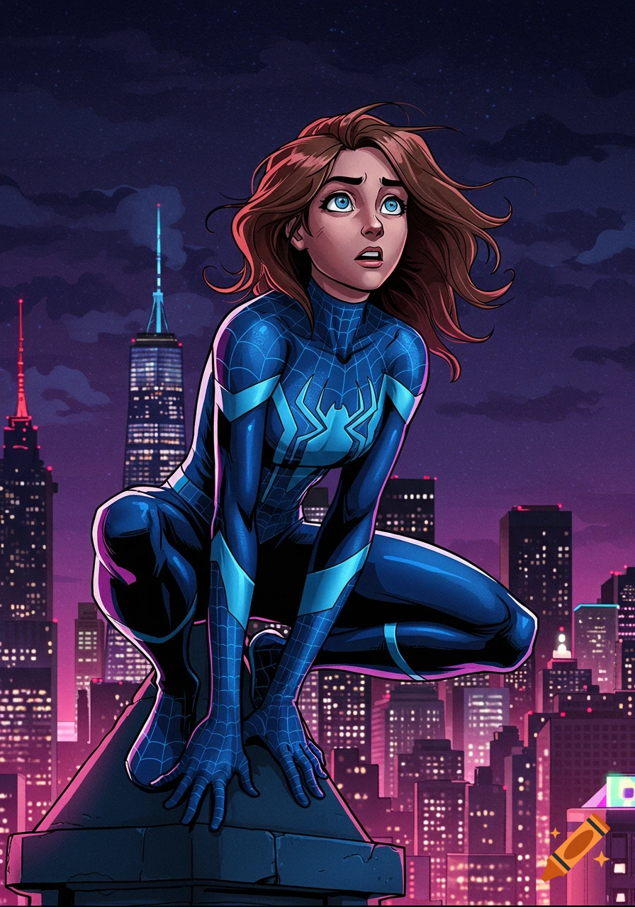 A vibrant comic art illustration of a brown-haired superheroine in a blue Spider-Man-inspired suit, perched on a skyscraper at night, looking up.