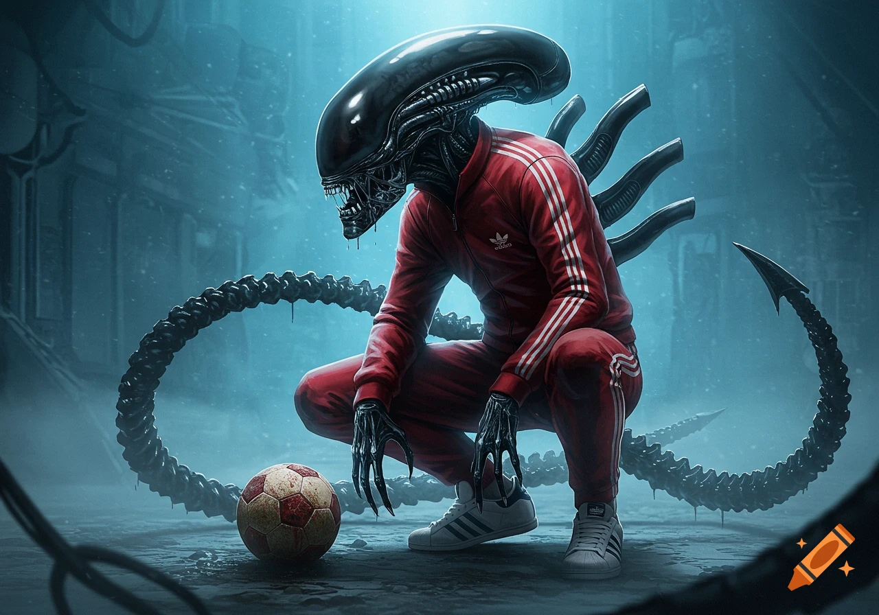 A detailed Xenomorph alien in a red tracksuit and sneakers squats next to a soccer ball in a misty, dark industrial environment.