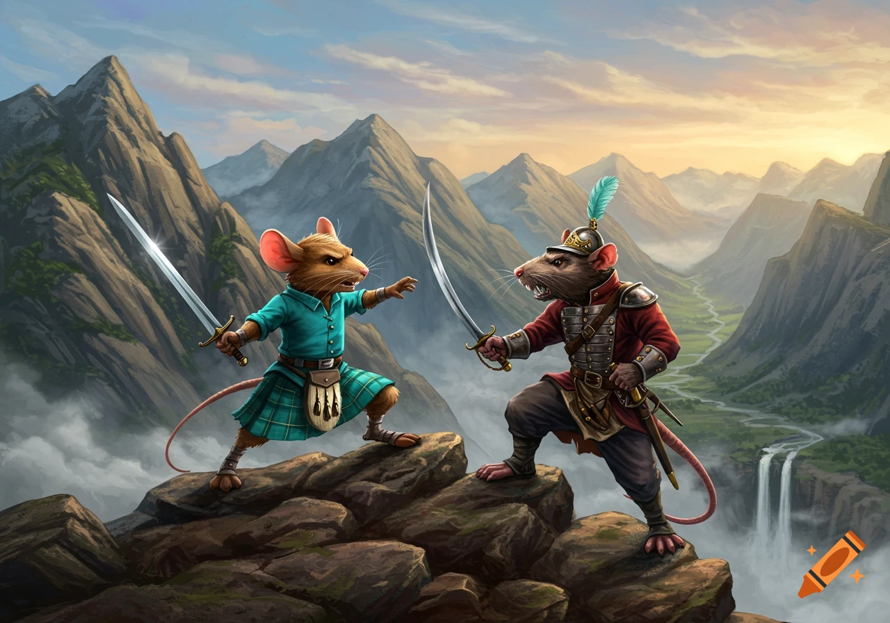 An illustrated scene of a mouse in a kilt fighting a rat in a soldier uniform with swords on a mountain.