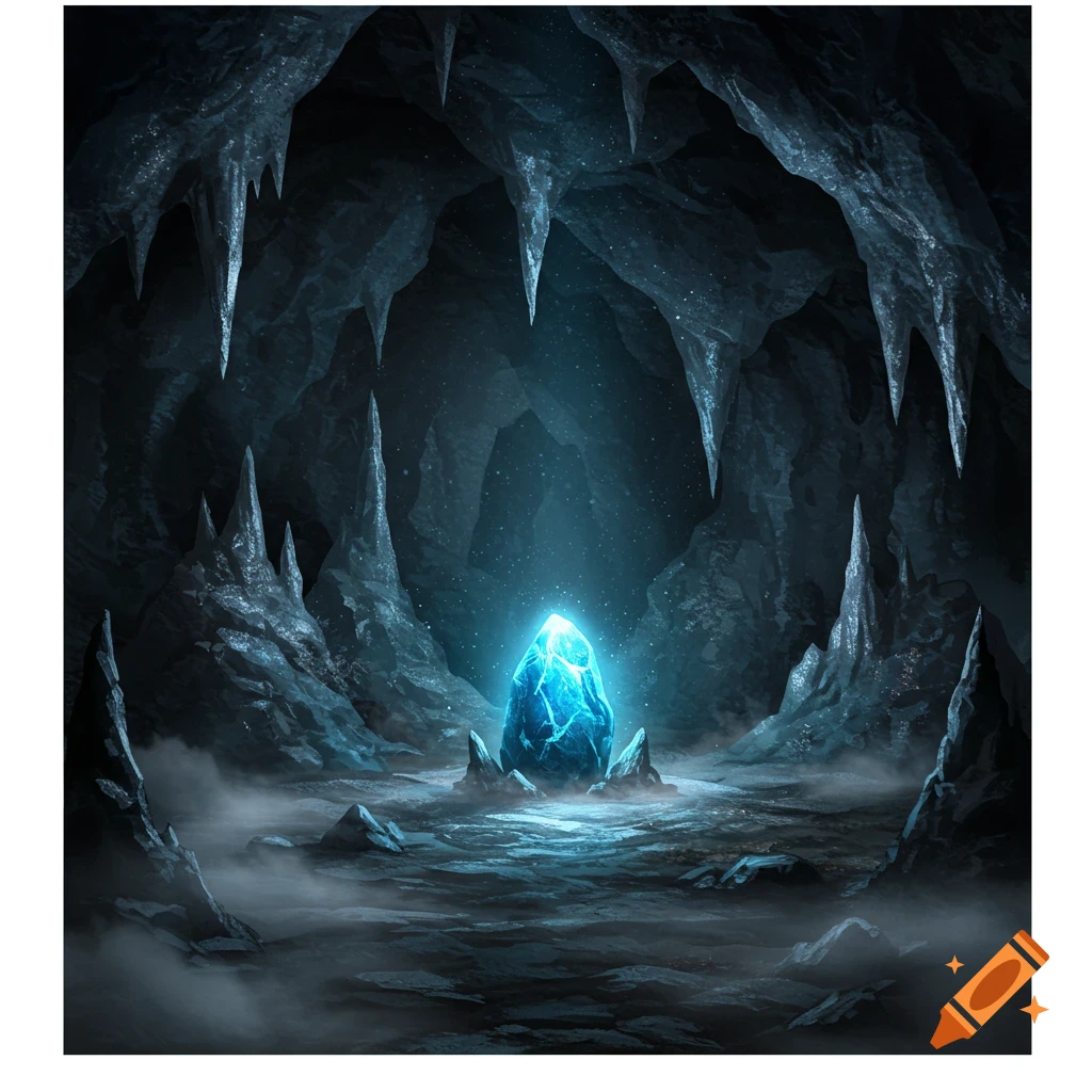 A dark ice cave with jagged stalagmites and stalactites, illuminated by a glowing blue crystal on the ground.
