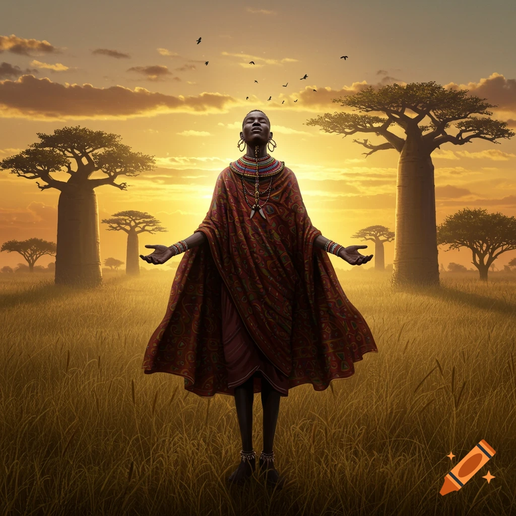 A person in traditional African attire stands with arms outstretched in a grassy field with baobab trees at sunset.