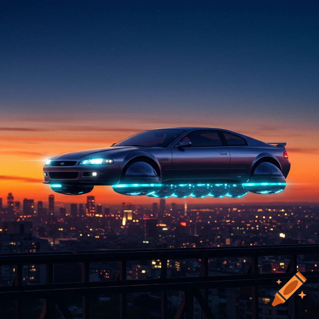 A sleek, silver futuristic floating car with neon blue lights hovers above a city skyline at sunset.