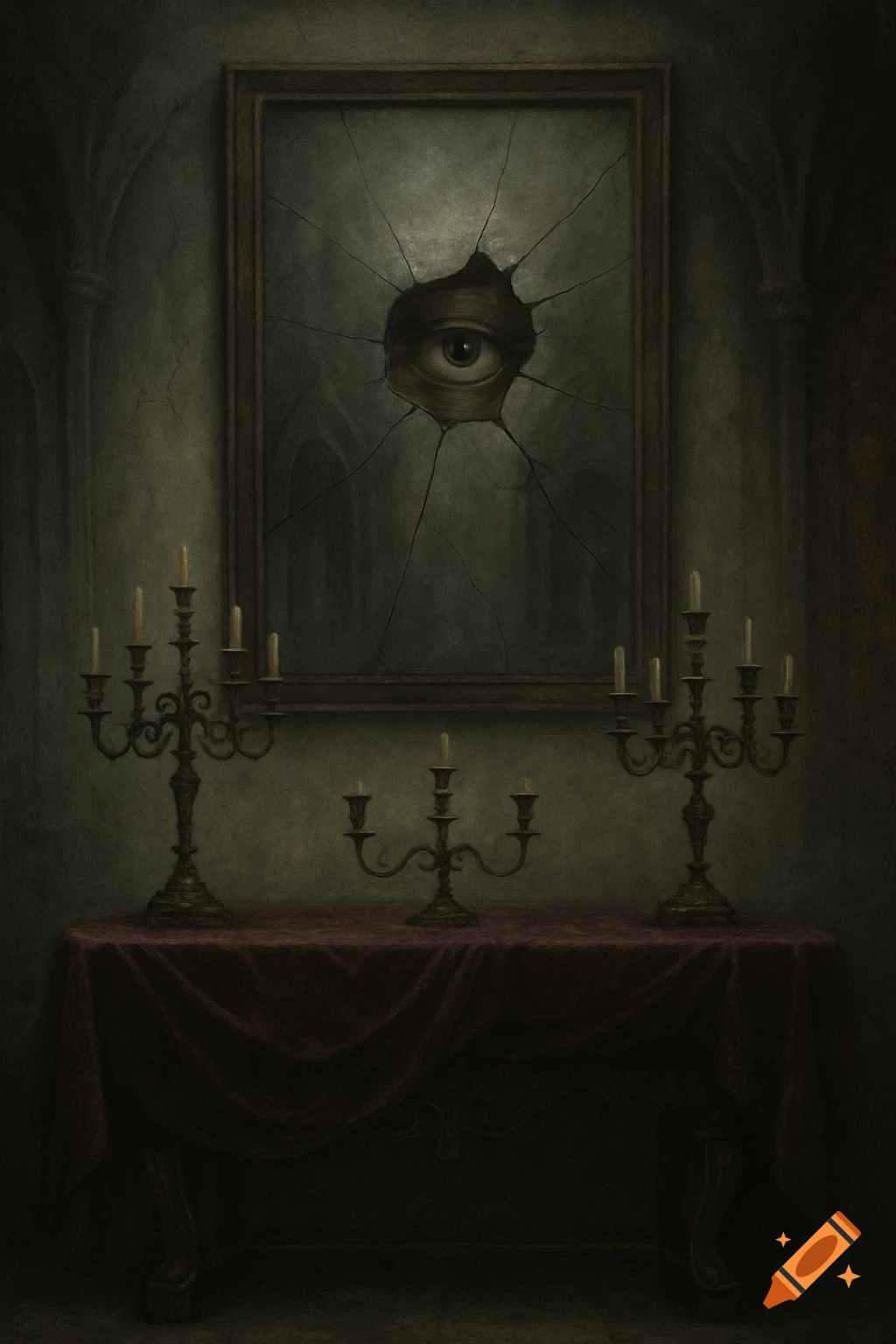 A dark gothic room with a red-draped table, two candelabras, and a broken mirror with an eye peering through.