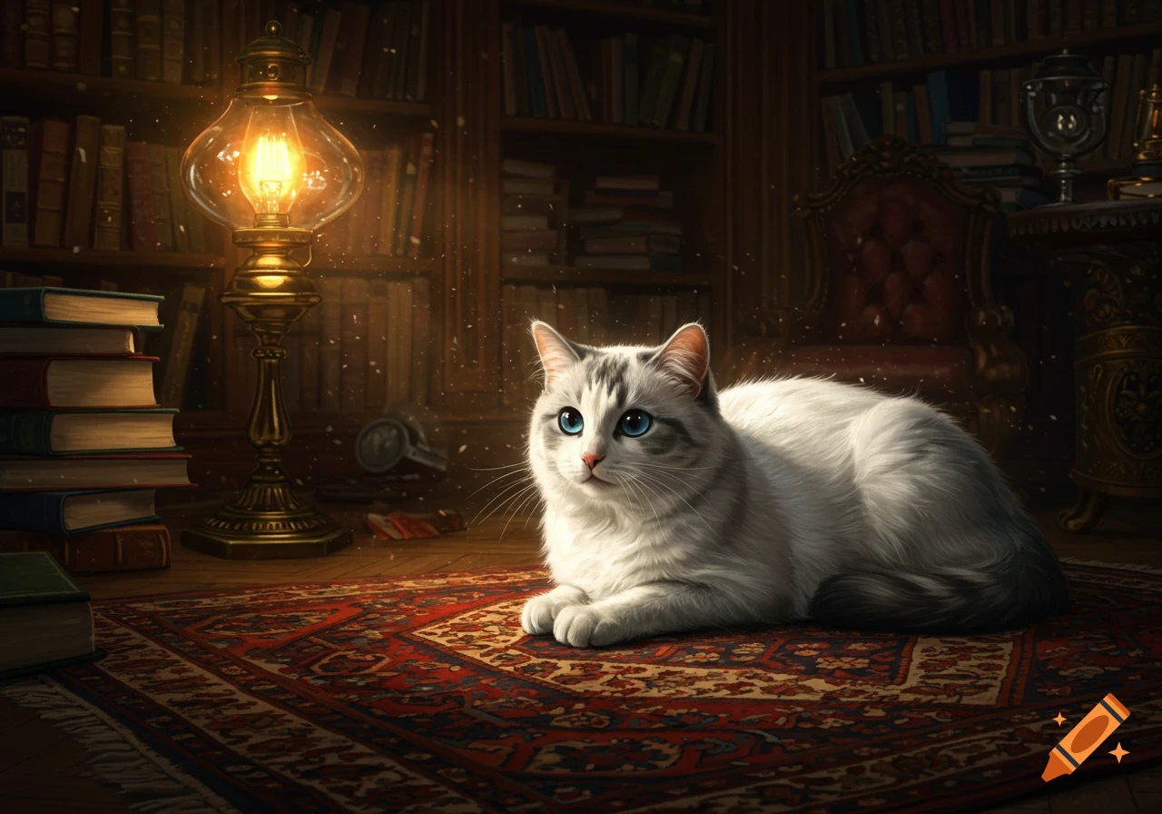 A white cat with blue eyes lies on a red patterned rug in a dimly lit library with bookshelves and a glowing lamp.