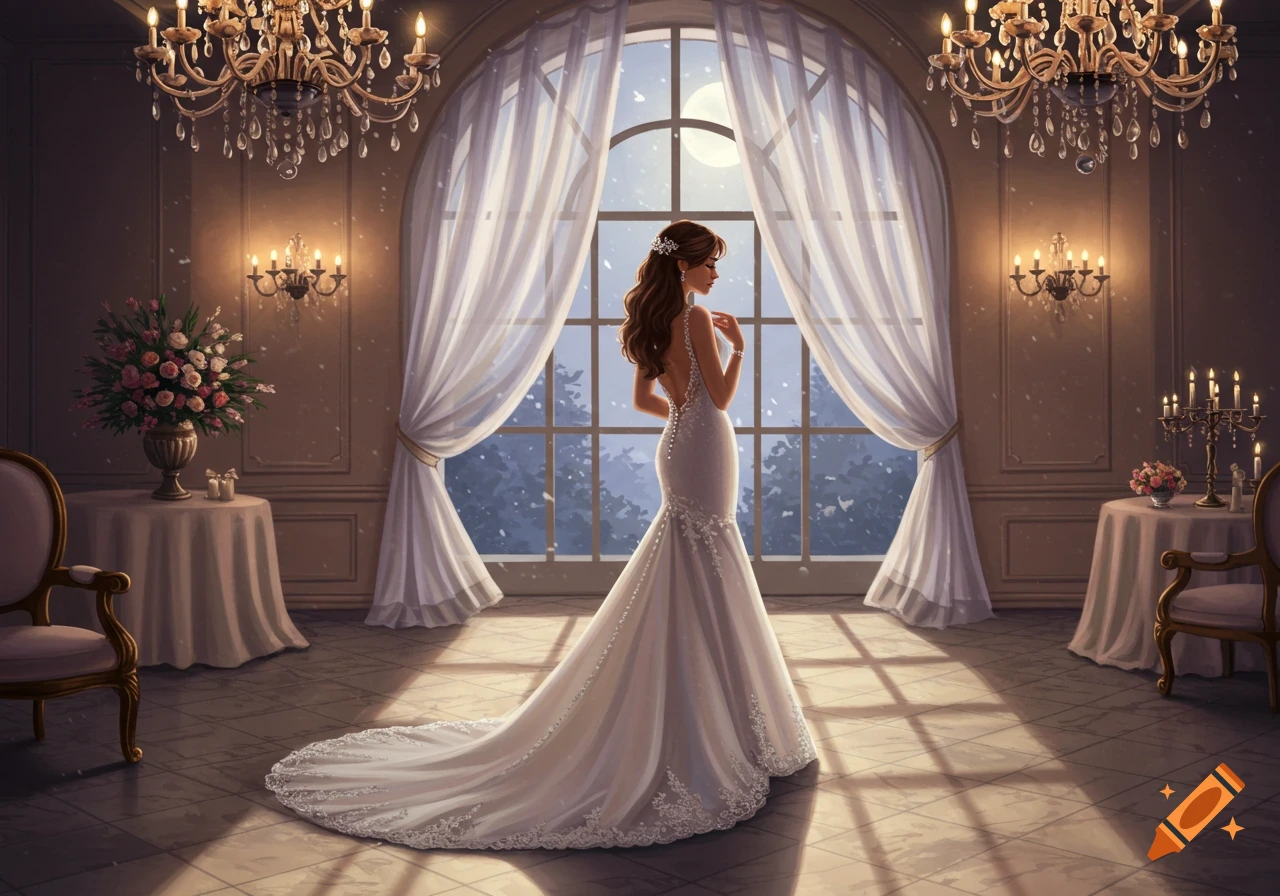 An elegant illustration of a woman in a long white wedding dress with a train, standing by a large arched window overlooking a snowy night scene.