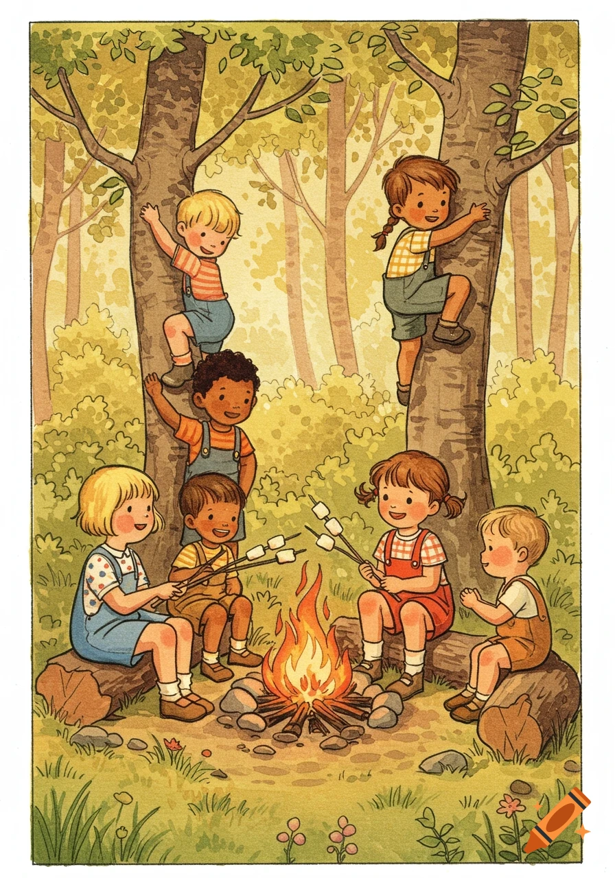 Watercolor illustration of diverse children camping in a forest, roasting marshmallows over a campfire, and climbing trees.