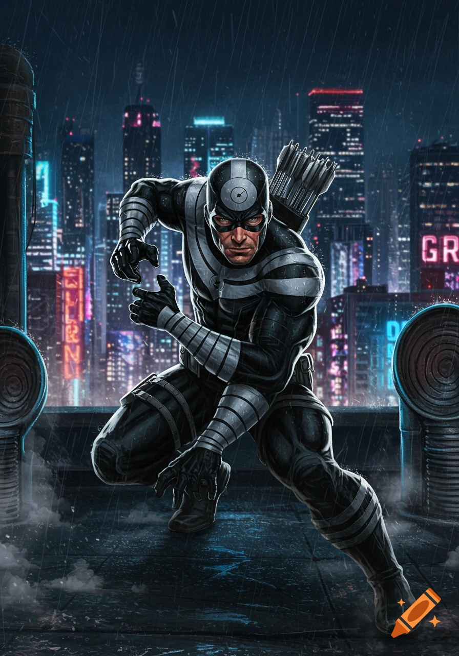 Marvel's Bullseye crouches on a rainy city rooftop at night in a detailed comic book art style.
