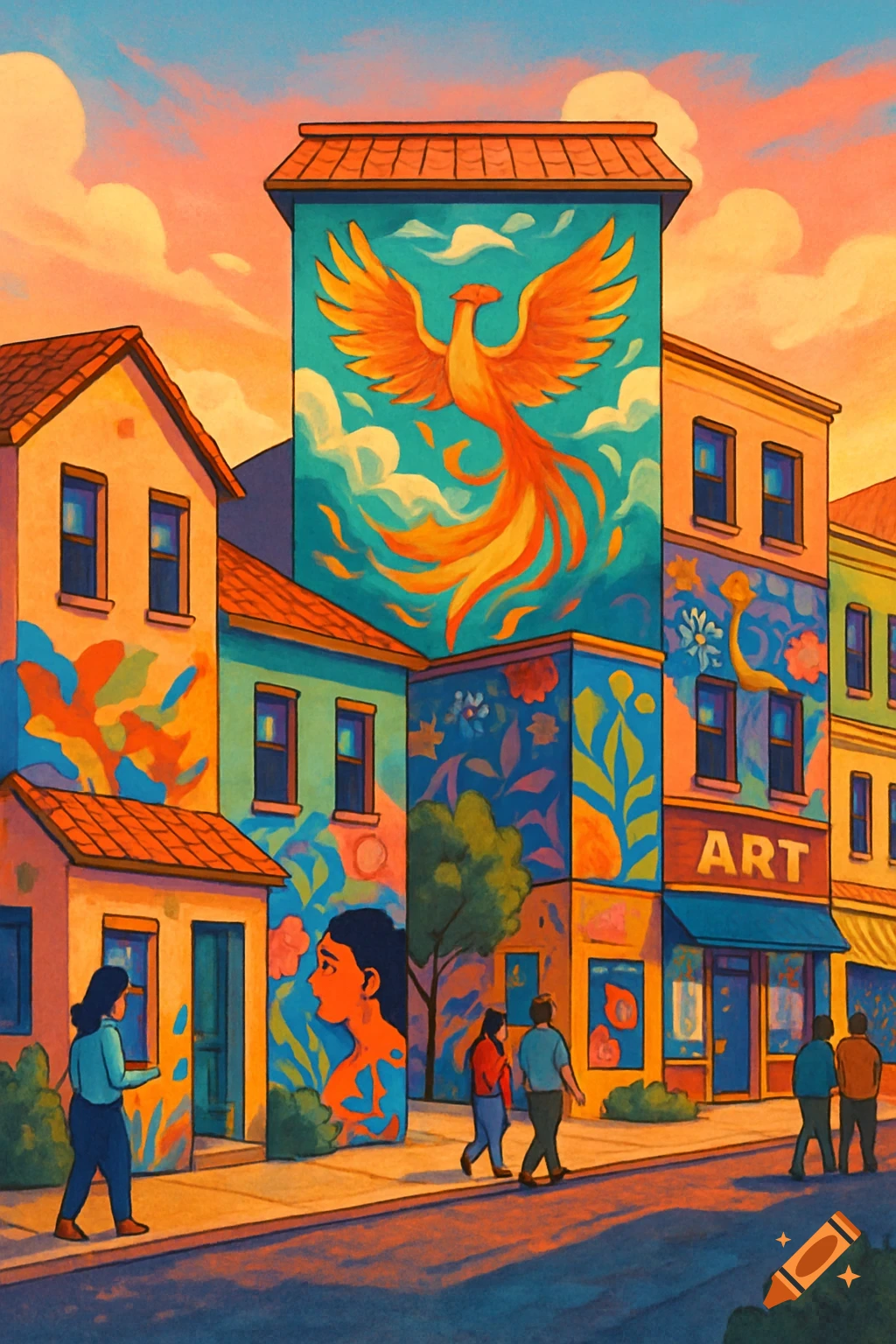 Vibrant illustration of a city street with buildings adorned with colorful murals, including a large phoenix.