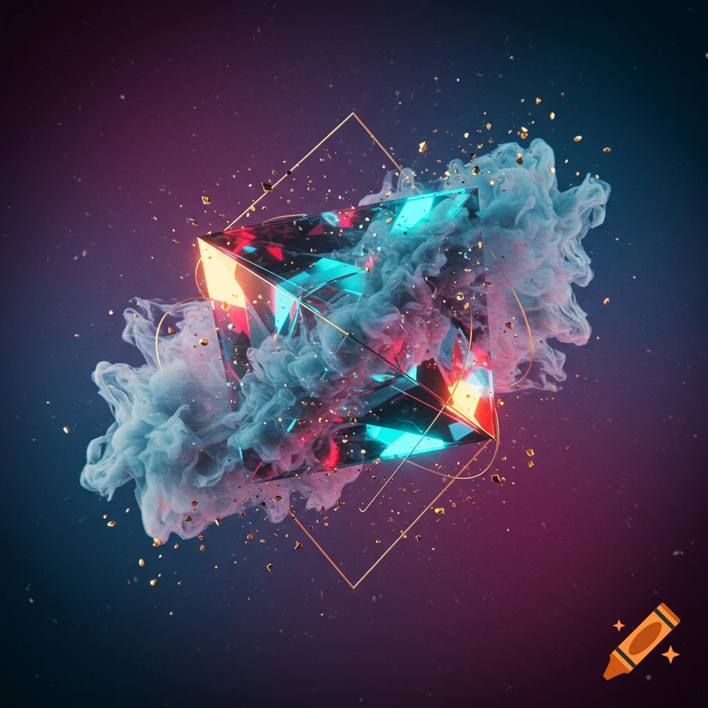 A vibrant, glowing, multi-faceted geometric prism surrounded by swirling blue smoke and golden particles against a dark, gradient background.