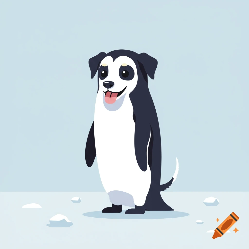 A cute cartoon dog-penguin hybrid stands on icy ground with a light blue background.