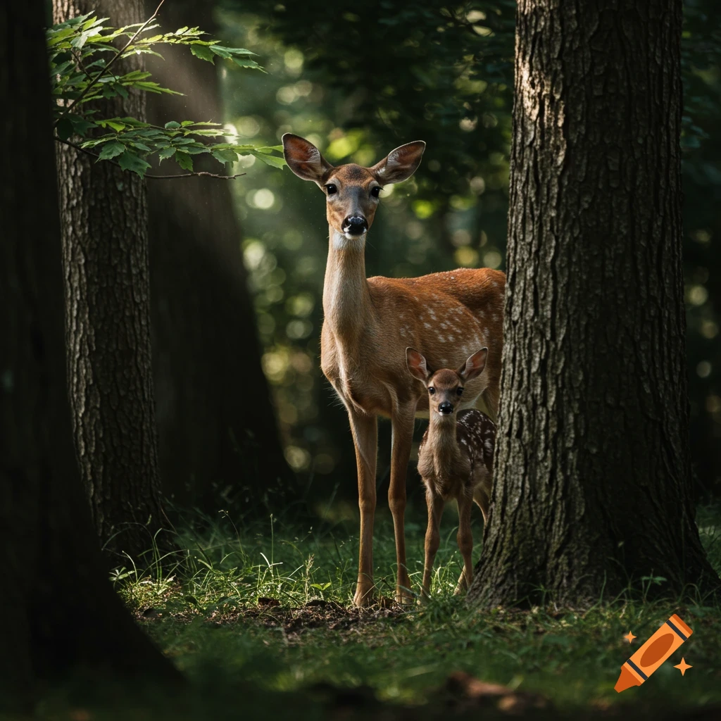 Photorealistic image of a mother deer and fawn standing in a sunlit forest between trees, looking curiously at the camera.