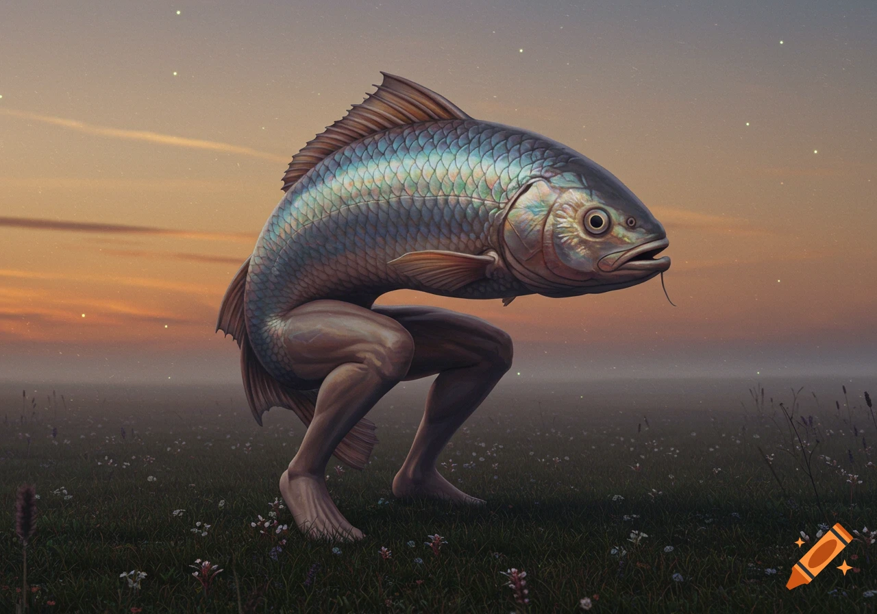 A photorealistic surreal image of a large fish with muscular human legs squatting in a grassy field with flowers under a twilight sky.