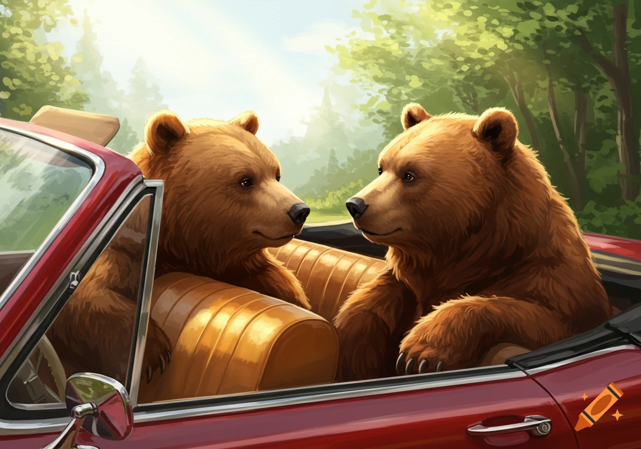Two brown bears in a red convertible car look at each other, with a forest background, in an illustrated style.