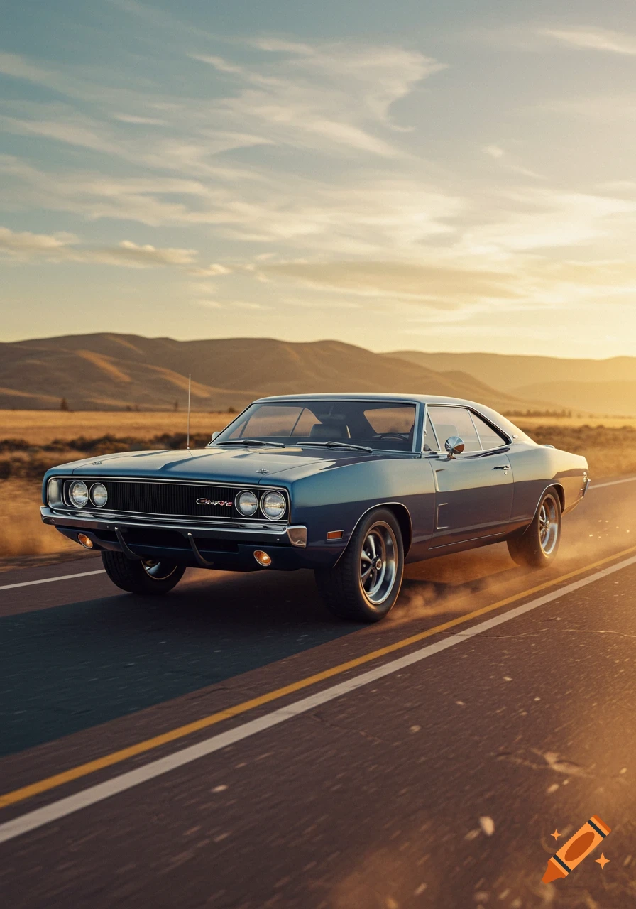 A blue vintage muscle car drives on a desert road at sunset, kicking up dust, photorealistic.
