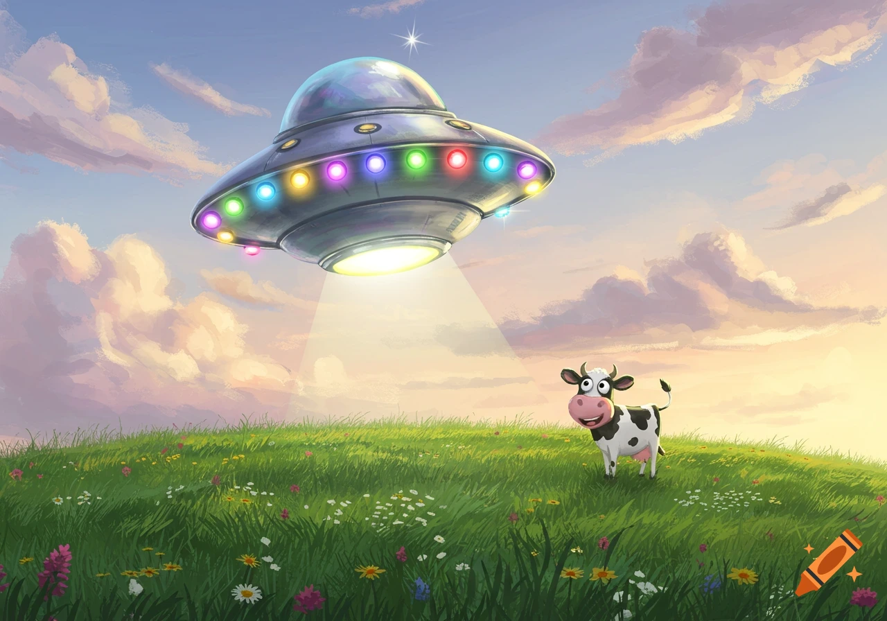 Whimsical cartoon UFO with colorful lights hovering over a smiling cow in a vibrant green meadow at sunset.