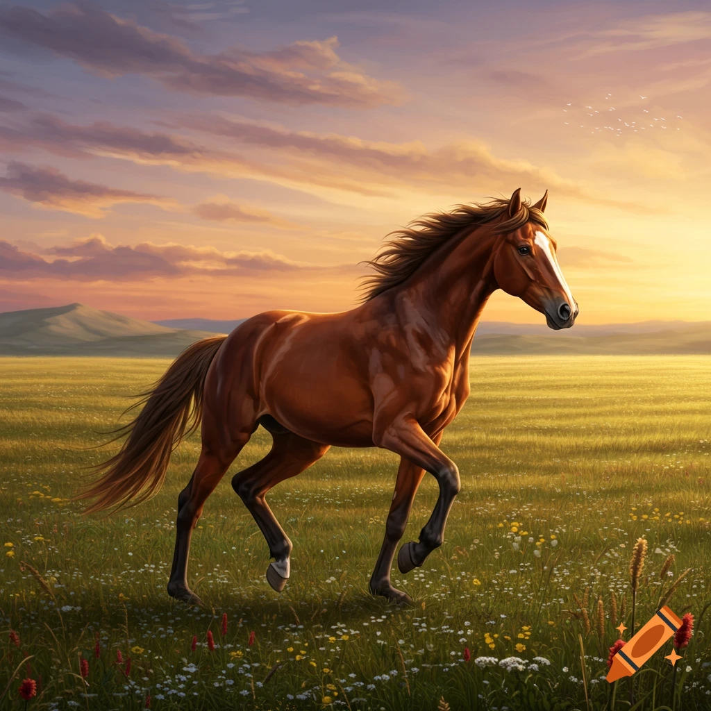 A majestic brown horse trots through a wildflower-filled meadow at sunset under a vibrant, cloudy sky.