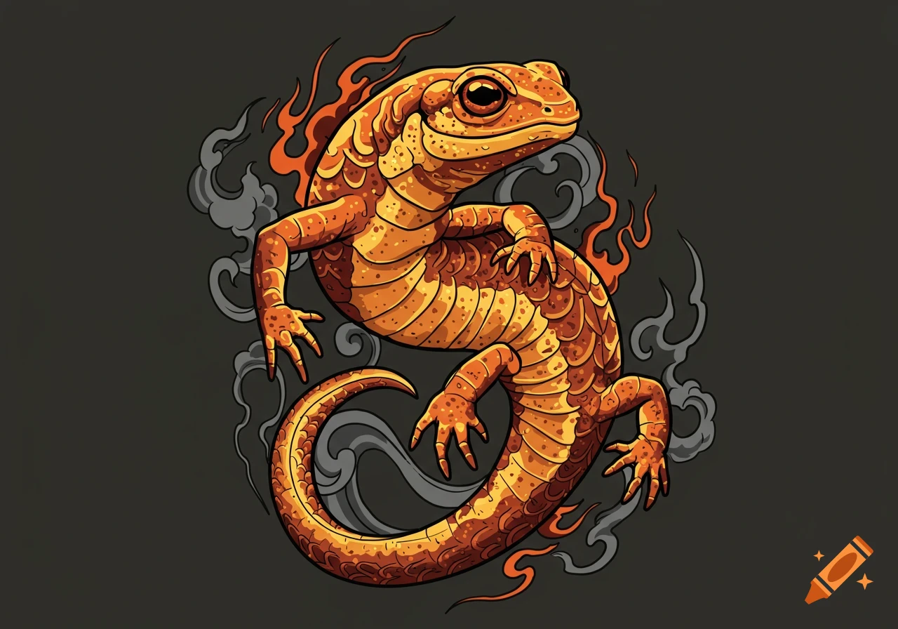 Stylized orange salamander with scales, surrounded by red flames and grey smoke, in tattoo art style.