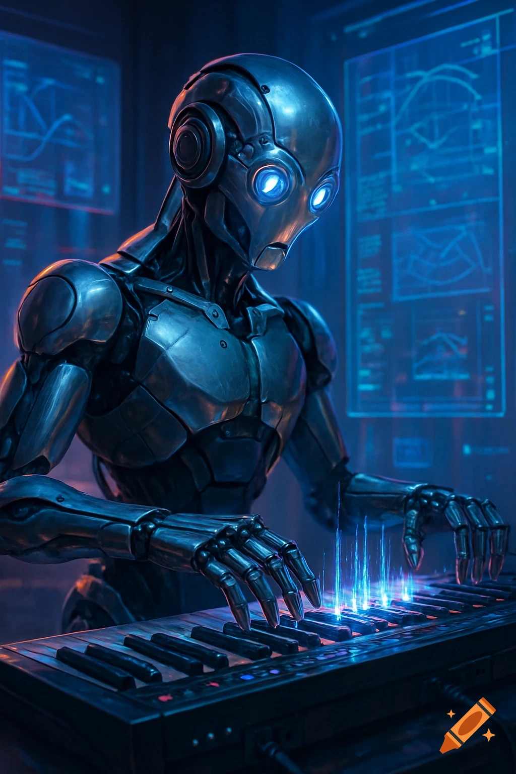 A metallic robot with glowing blue eyes plays a glowing keyboard in a dark room with futuristic blue screens in the background.