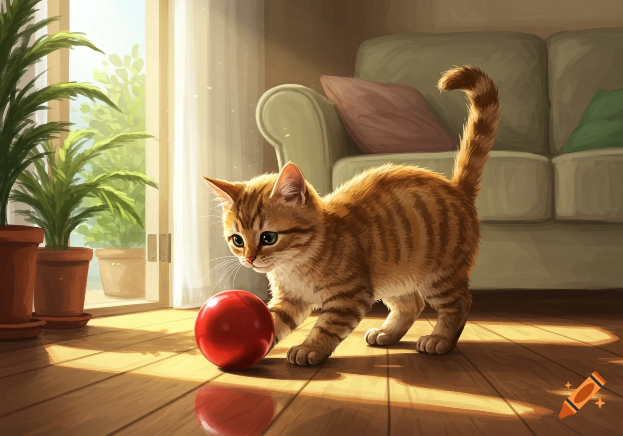A cute ginger tabby kitten plays with a red ball on a sunlit wooden floor in a cozy room, illustration.