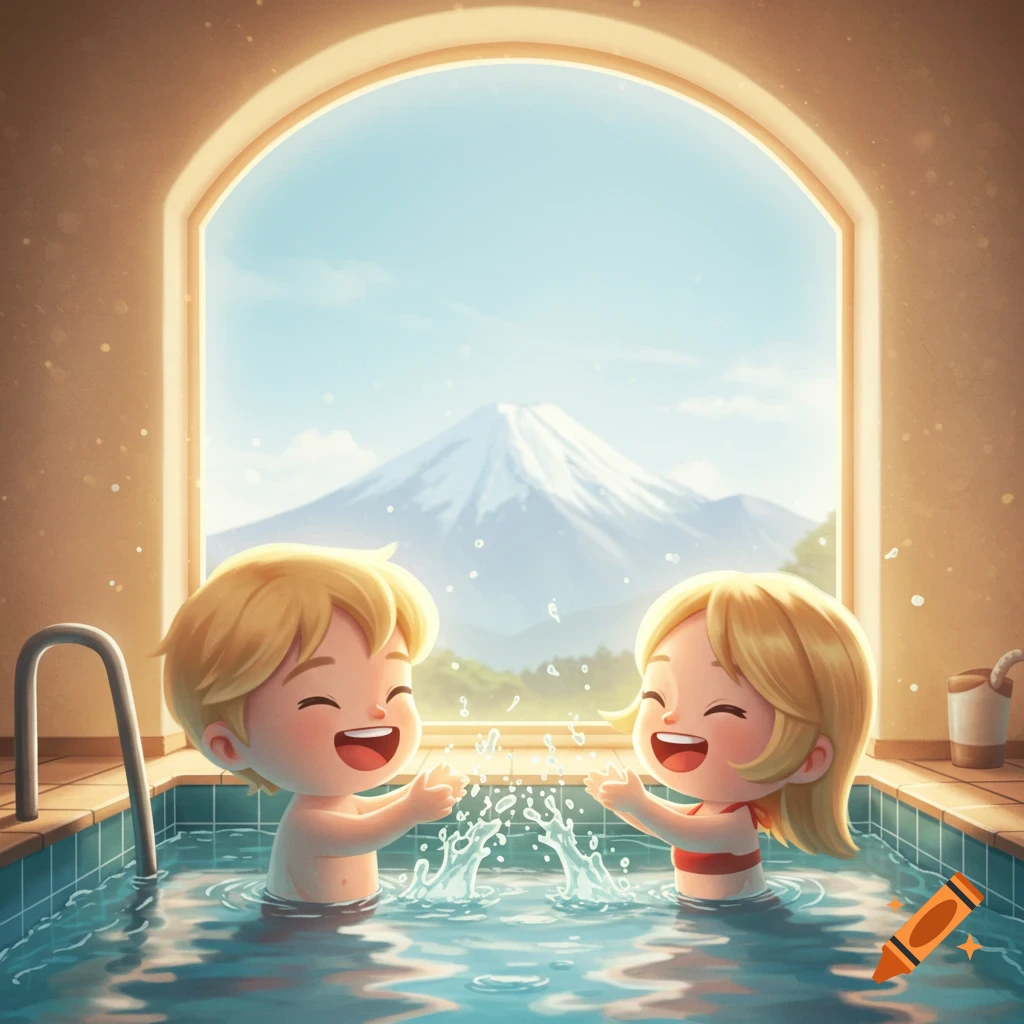 Two cute blonde children splash and laugh in an indoor pool with a snow mountain visible through a window, Pixar style.
