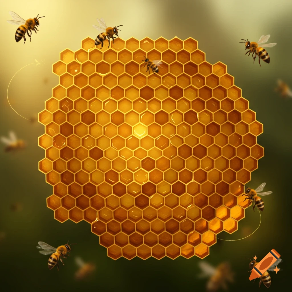 Close-up illustration of a golden honeycomb with glistening honey, surrounded by bees in flight against a soft green background.