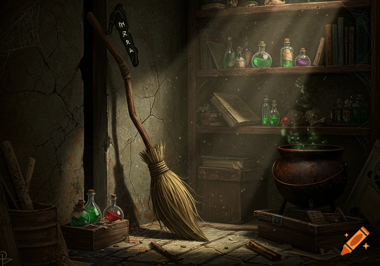 A dimly lit, dusty witch's closet with a broom, shelves of potions, and a bubbling cauldron.