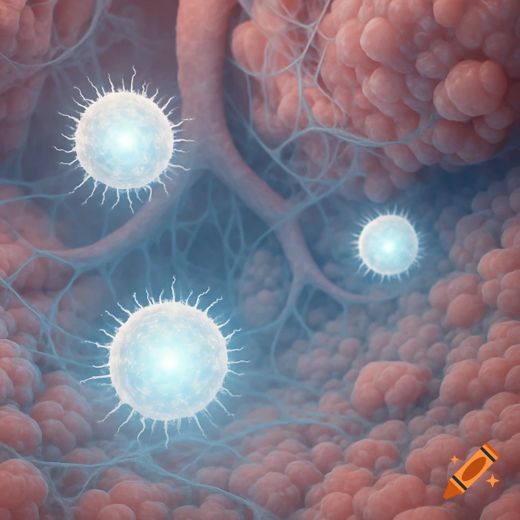 Microscopic view of three glowing white spiky cells against pink tissue and blue filaments.