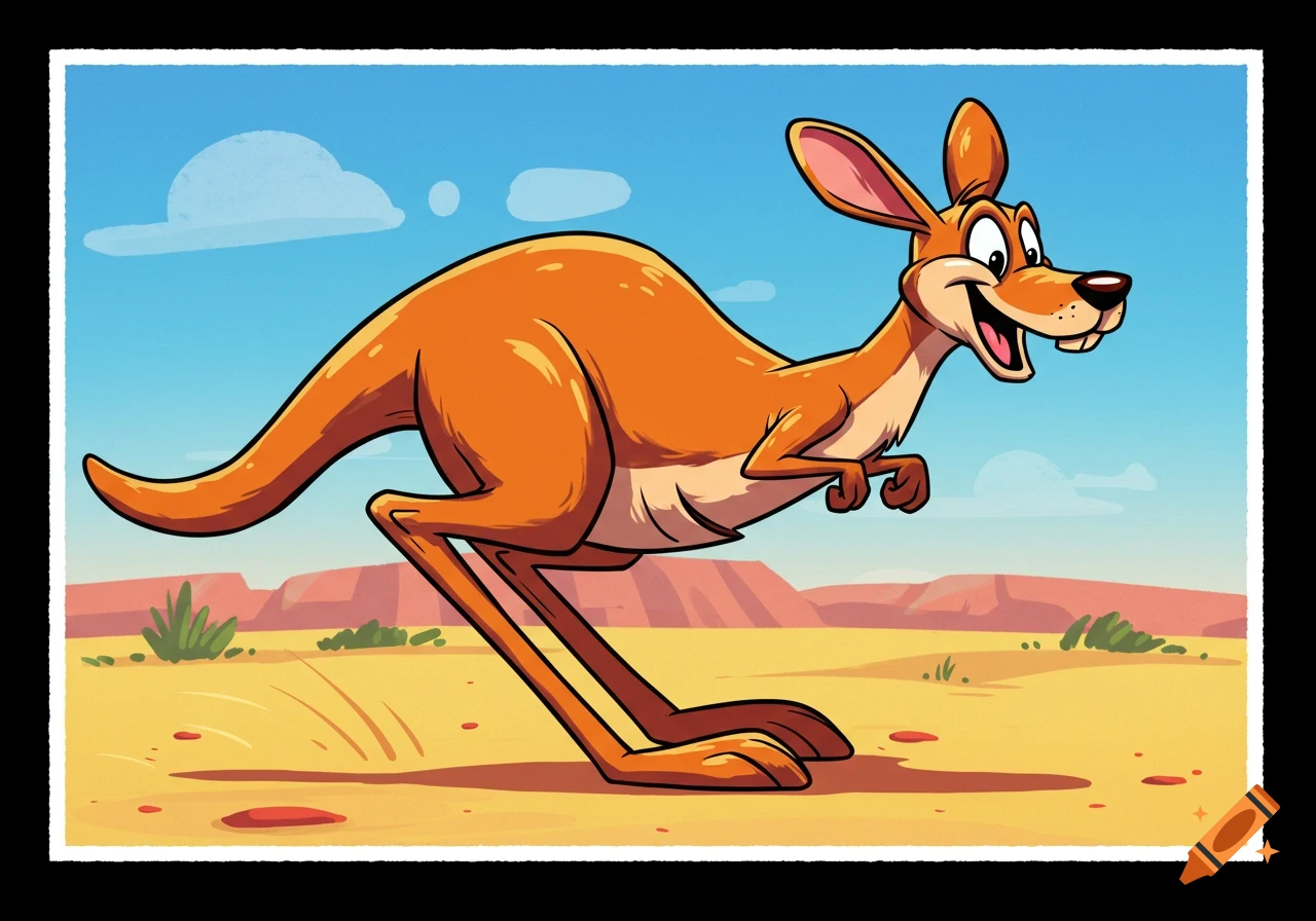 A happy orange cartoon kangaroo hops through a desert landscape in a 1990s animation style.
