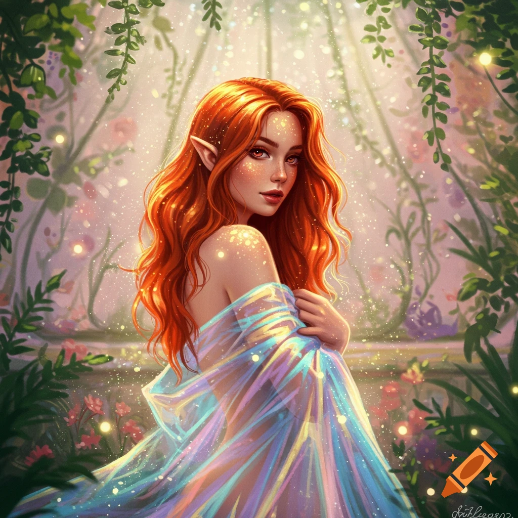 A red-haired elf woman in a shimmering iridescent gown stands in a sparkling fantasy forest.