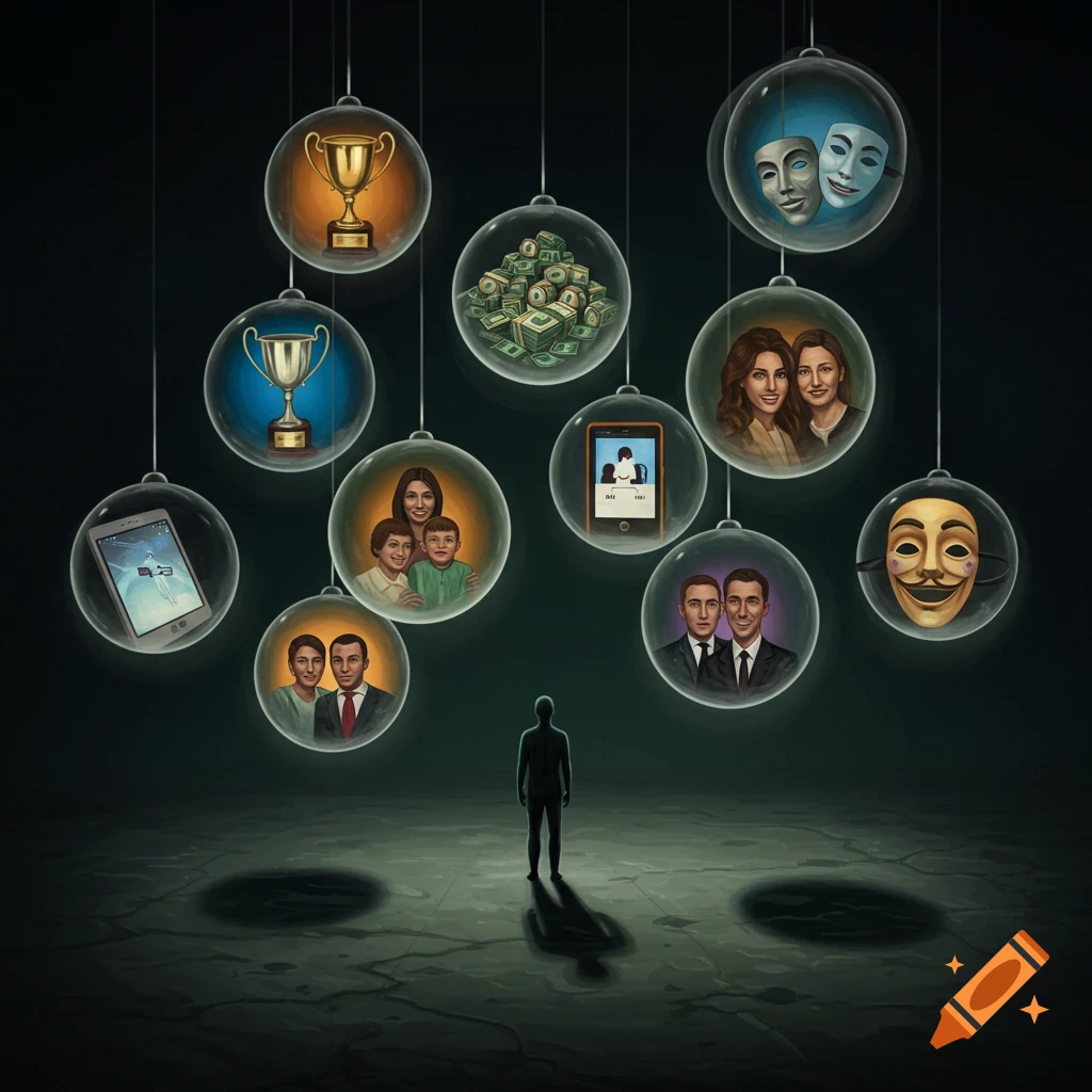 A silhouetted person stands on a cracked floor, looking up at ten glowing orbs floating in a dark space. Each orb contains a symbolic scene like trophies, money, family, social media, masks, and couples, in a surreal painting style.