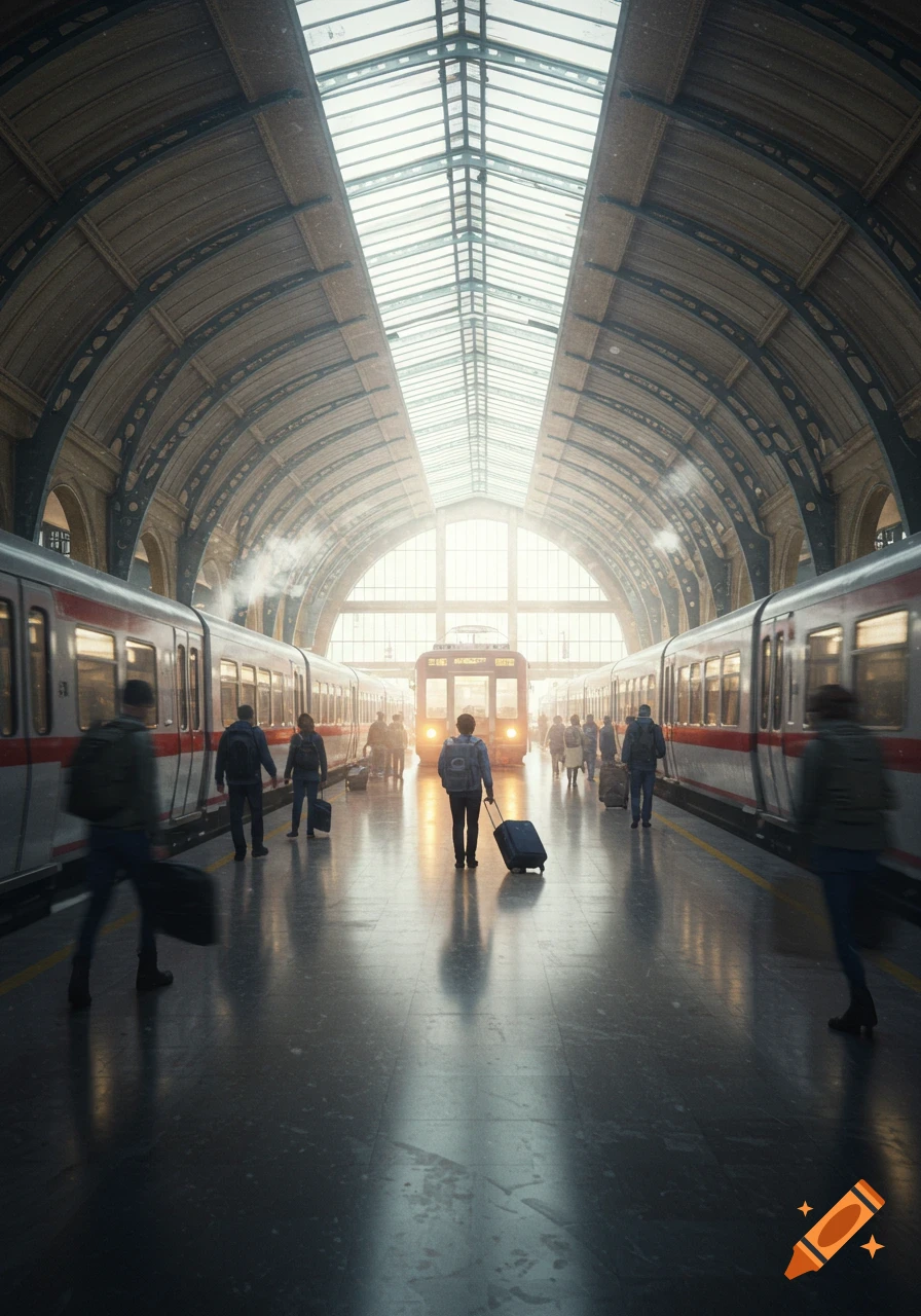 Photorealistic image of a bustling train station with passengers and trains under a skylight roof.
