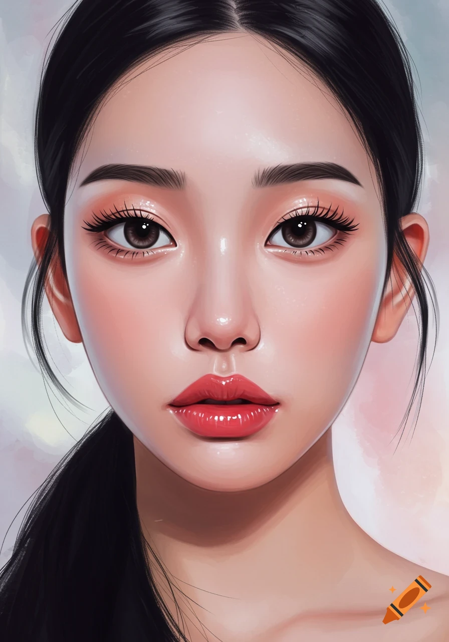 A digital art portrait of a young woman with black hair, large eyes, and glossy red lips.