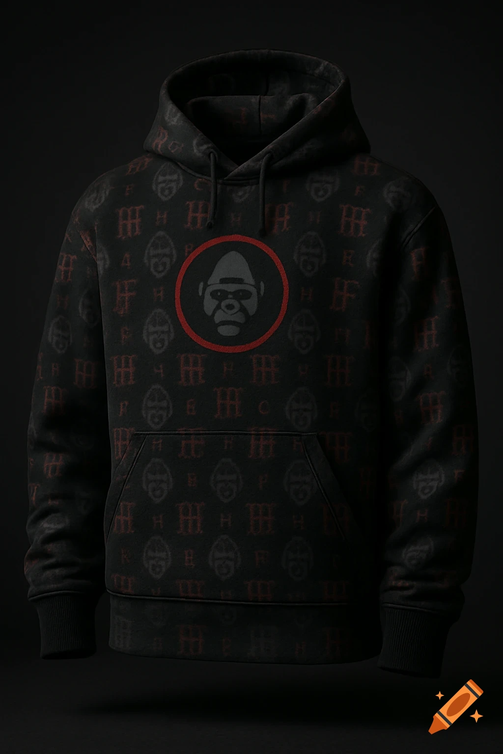 A jet black streetwear hoodie with a subtle all-over print of dark charcoal gorilla monograms and muted crimson 'IHF' monograms. A red-circled gorilla head emblem is centered on the chest, with dramatic studio lighting.