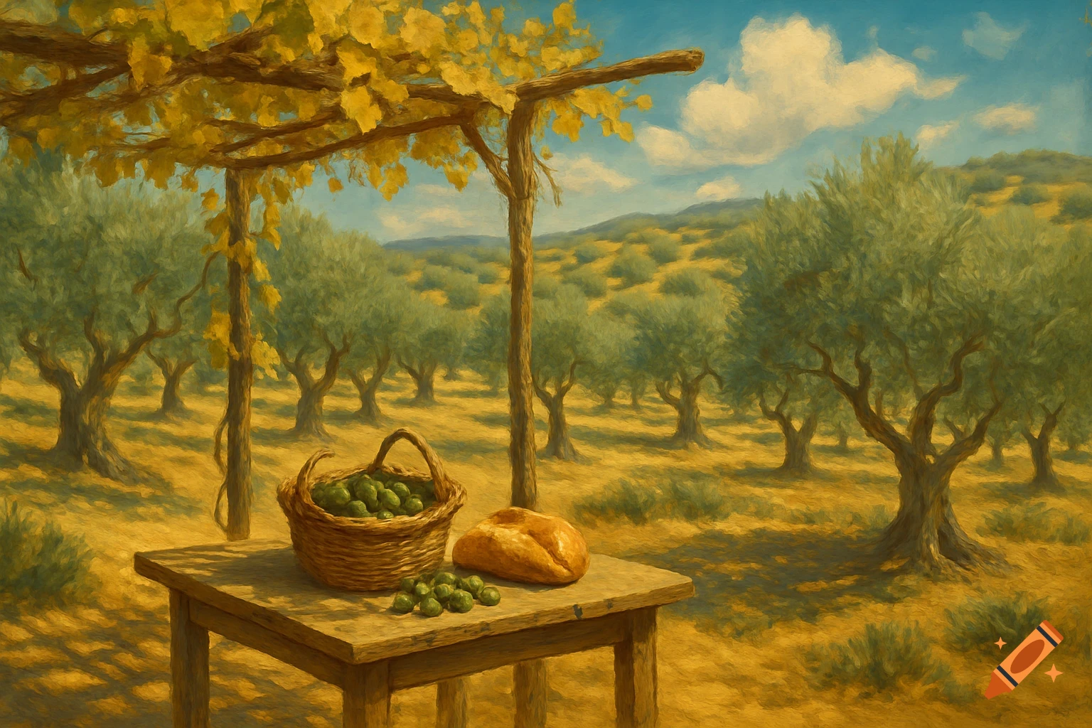 Painterly landscape of an olive grove with a basket of olives and bread on a wooden table under a trellis.